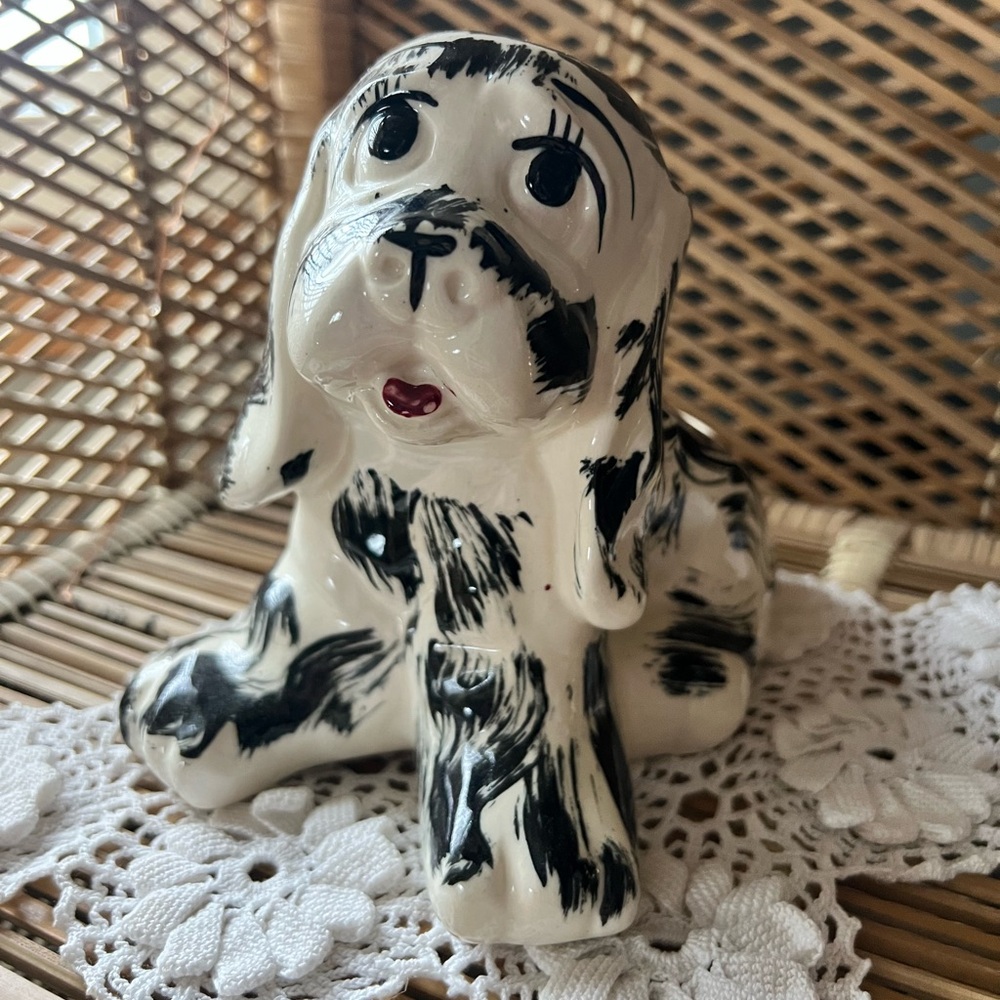 Vintage Pottery Black & White Cocker Spaniel Puppy Dog Planter